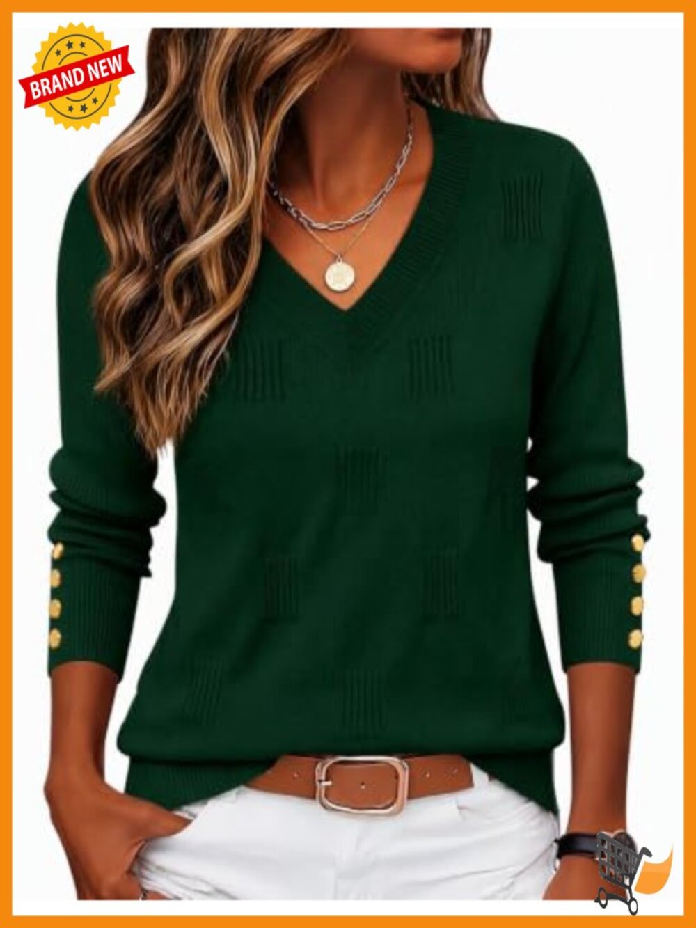 Zeagoo Womens V Neck Button Cuff Sweater Ribbed L